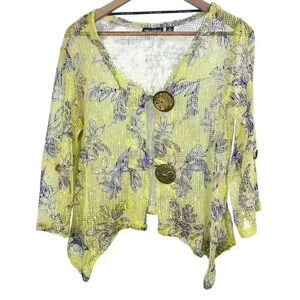 Nina Leonard Floral Yellow/Purple Sheer Open Weave Cardigan Wooden Buttons Med